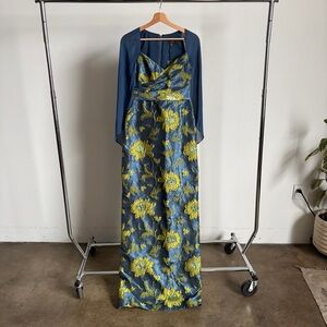 $795 NWT Theia Floral Brocade Maxi Dress with Chiffon Sleeves in Blue Ashes Sz 4
